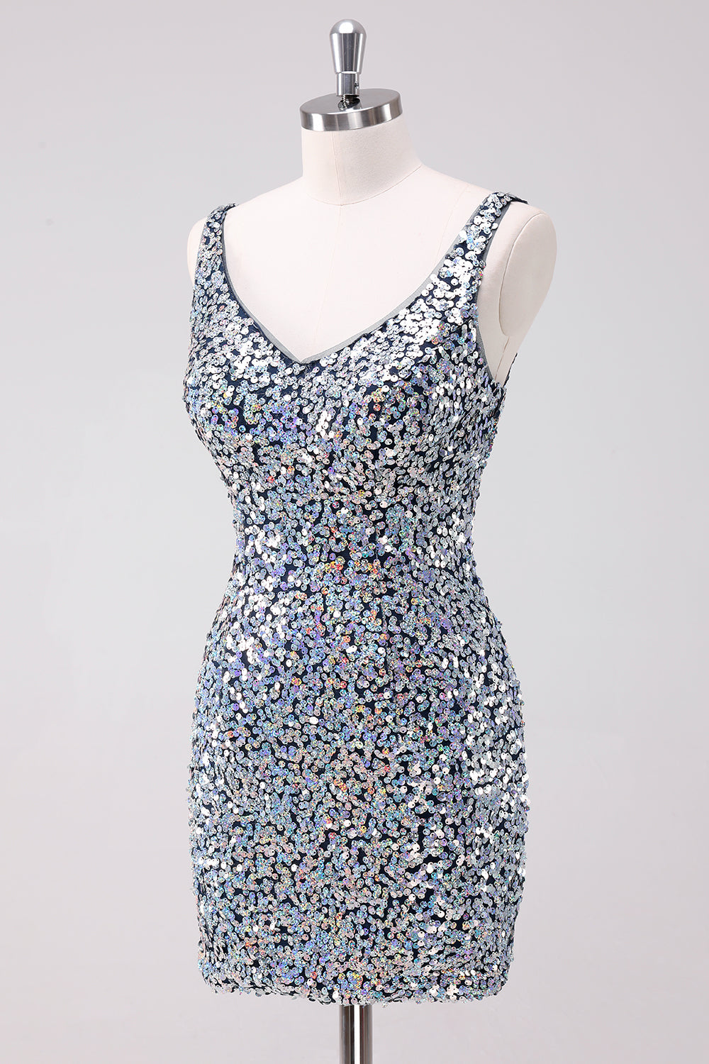 Glittrande Silver Bodycon V-ringad Kort Homecoming Klänning med Paljetter