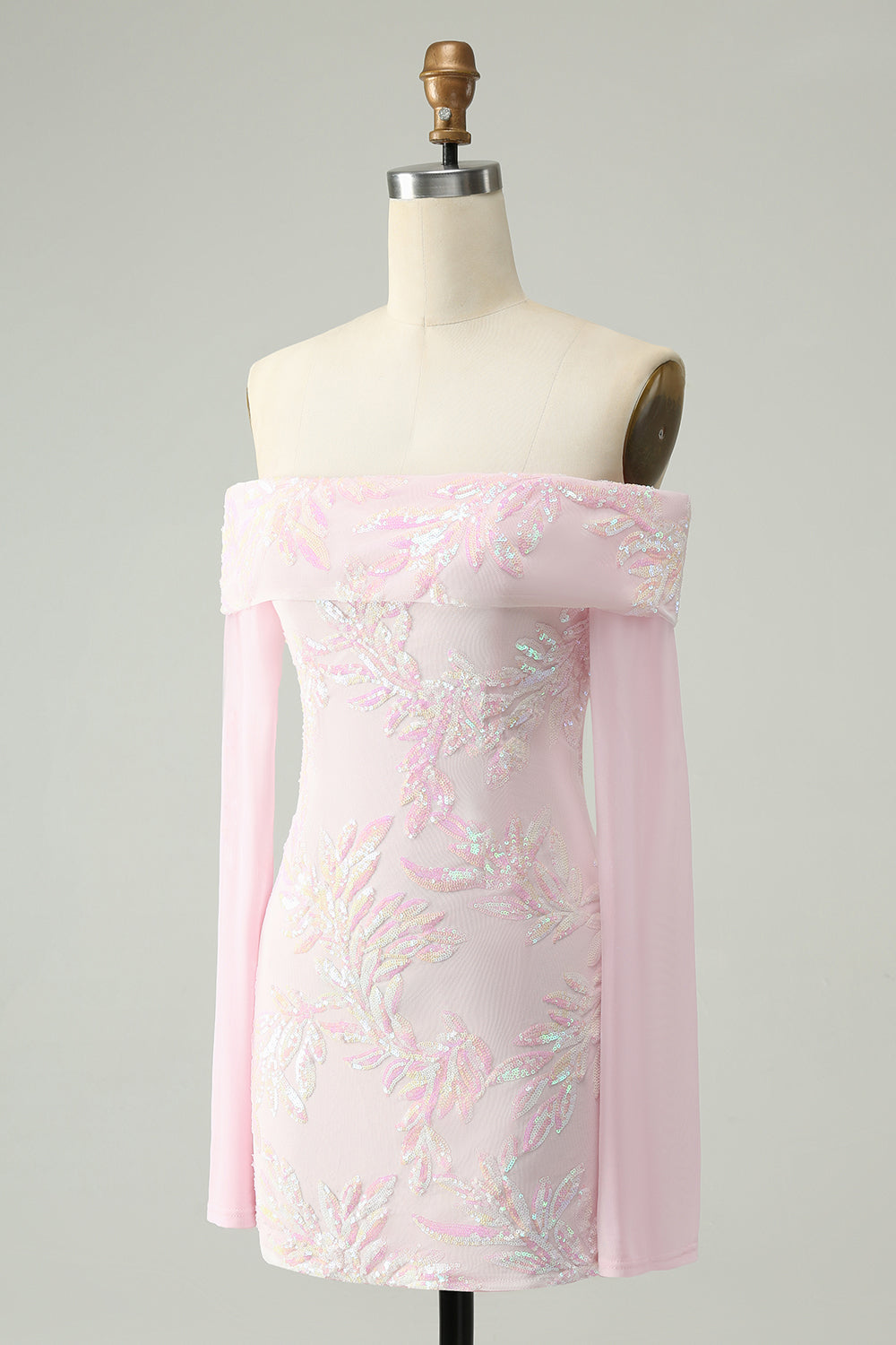 Glittrande Rosa Bodycon Off The Shoulder Paljett Homecoming Klänning med Långa Ärmar