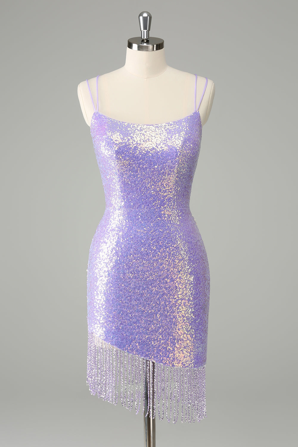 Glittrande Lila Bodycon Paljetter Snörning Upp Tillbaka Kort Homecoming Klänning med Tofsar
