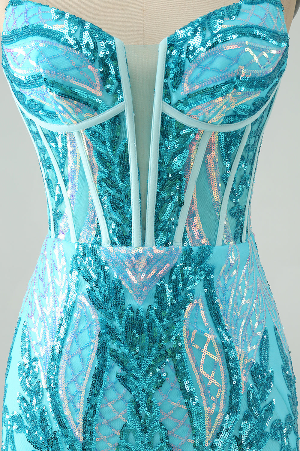 Glittrande Blå Bodycon Spaghetti Straps Korsett Homecoming Klänning med Paljetter