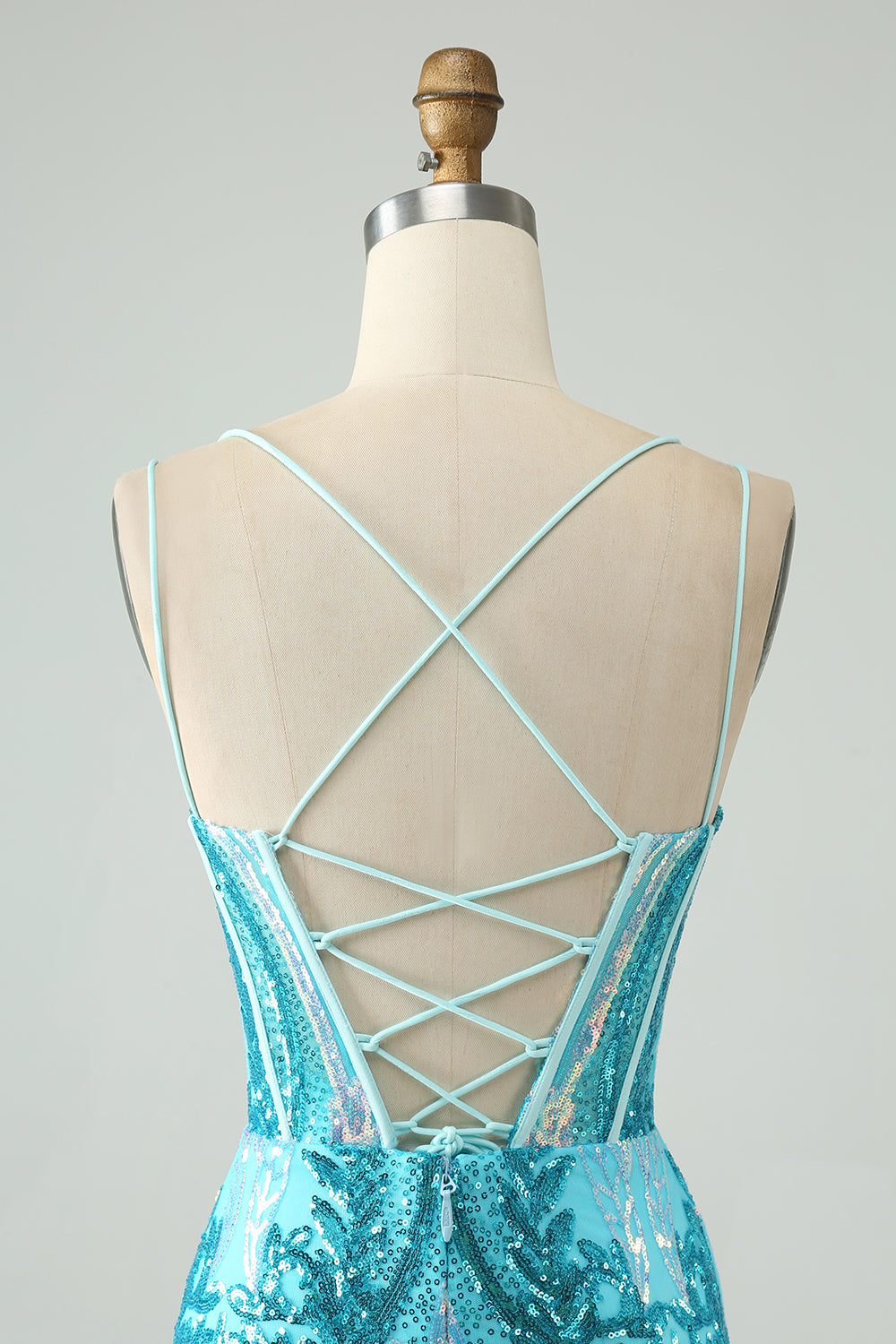 Glittrande Blå Bodycon Spaghetti Straps Korsett Homecoming Klänning med Paljetter