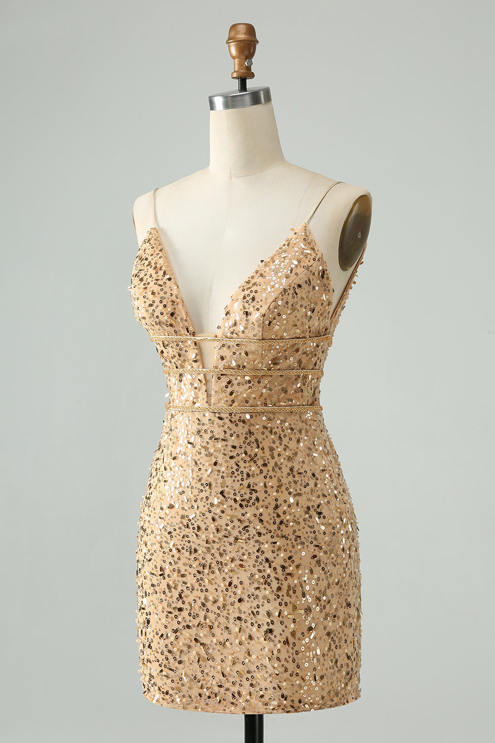 Glittrande Gyllene Bodycon Spaghetti Strap Kort Homecoming Klänning med Paljetter