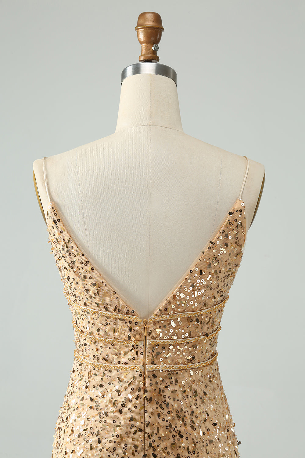 Glittrande Gyllene Bodycon Spaghetti Strap Kort Homecoming Klänning med Paljetter