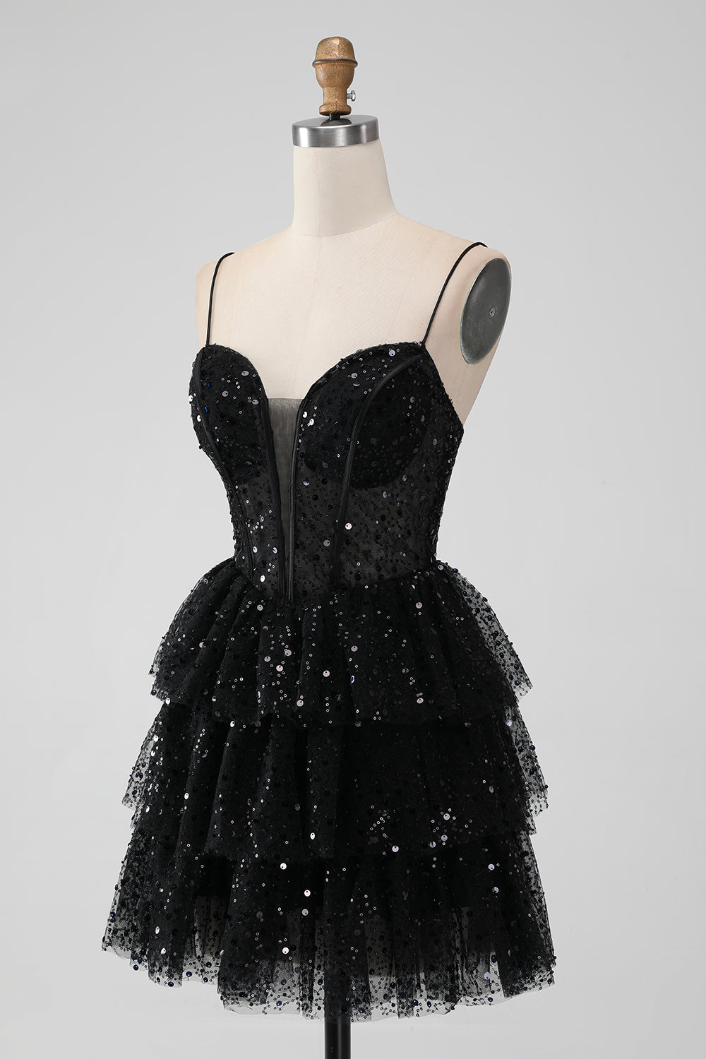 Glittrande Svart Spaghetti Straps Tiered Homecoming Klänning med Paljetter