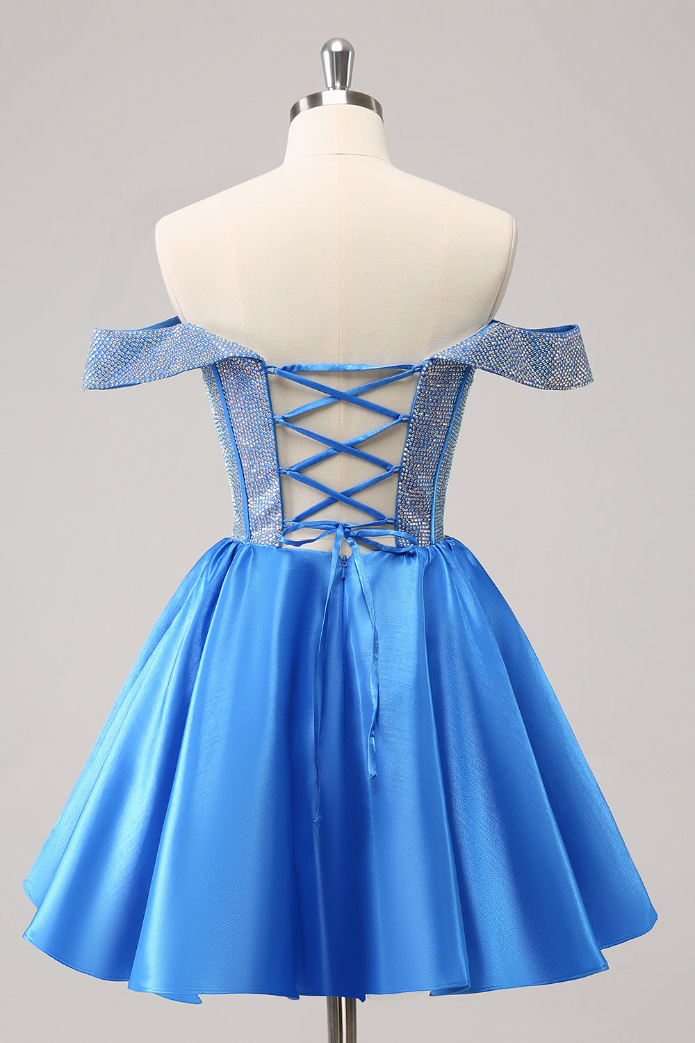 Glittrande Blå En linje Från Axeln Satin Ruffle Homecoming Klänning med Beading