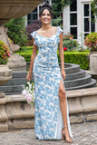 Vit Blå Blomma Mermaid Print Maxi Bröllopsfest Gästklänning med slits