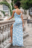 Vit Blå Blomma Mermaid Print Maxi Bröllopsfest Gästklänning med slits