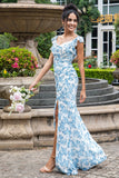 Vit Blå Blomma Mermaid Print Maxi Bröllopsfest Gästklänning med slits