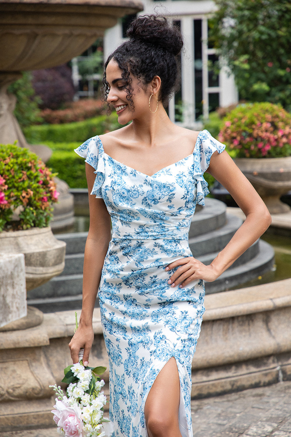Vit Blå Blomma Mermaid Print Maxi Bröllopsfest Gästklänning med slits