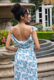 Vit Blå Blomma Mermaid Print Maxi Bröllopsfest Gästklänning med slits
