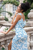 Vit Blå Blomma Mermaid Print Maxi Bröllopsfest Gästklänning med slits