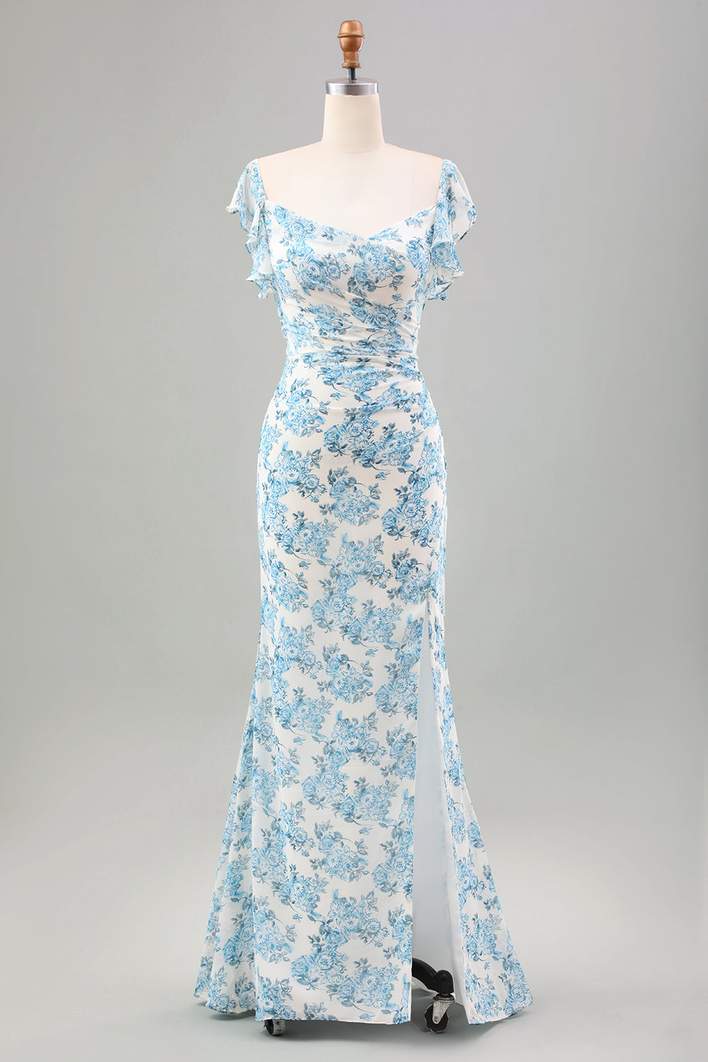 Vit Blå Blomma Mermaid Print Maxi Bröllopsfest Gästklänning med slits