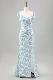 Vit Blå Blomma Mermaid Print Maxi Bröllopsfest Gästklänning med slits