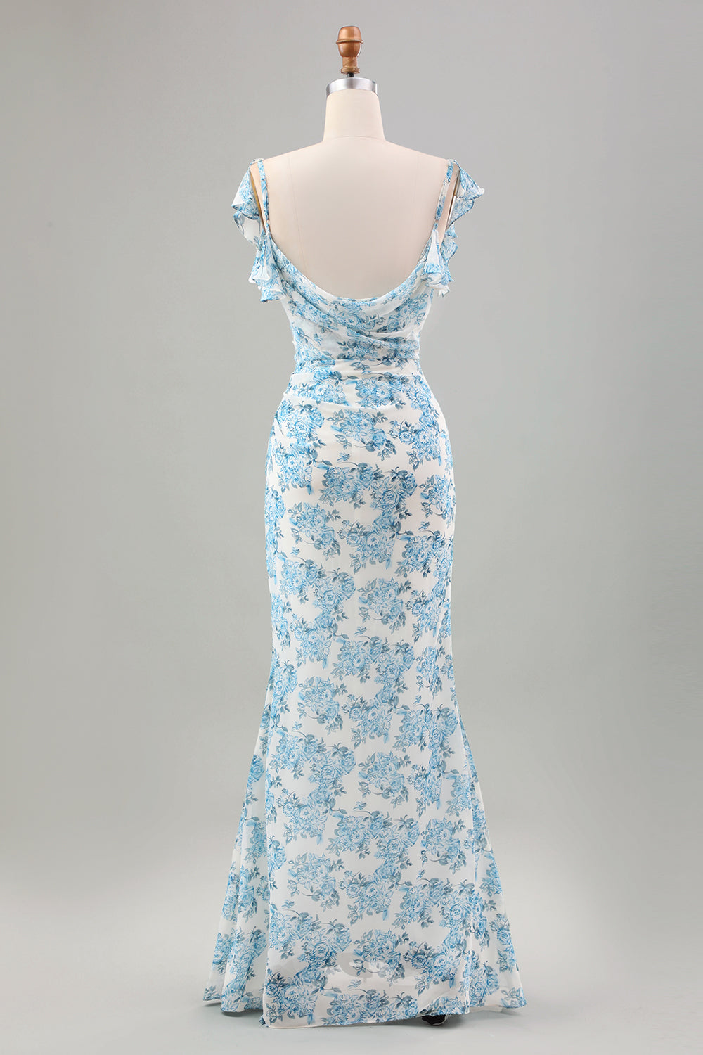 Vit Blå Blomma Mermaid Print Maxi Bröllopsfest Gästklänning med slits
