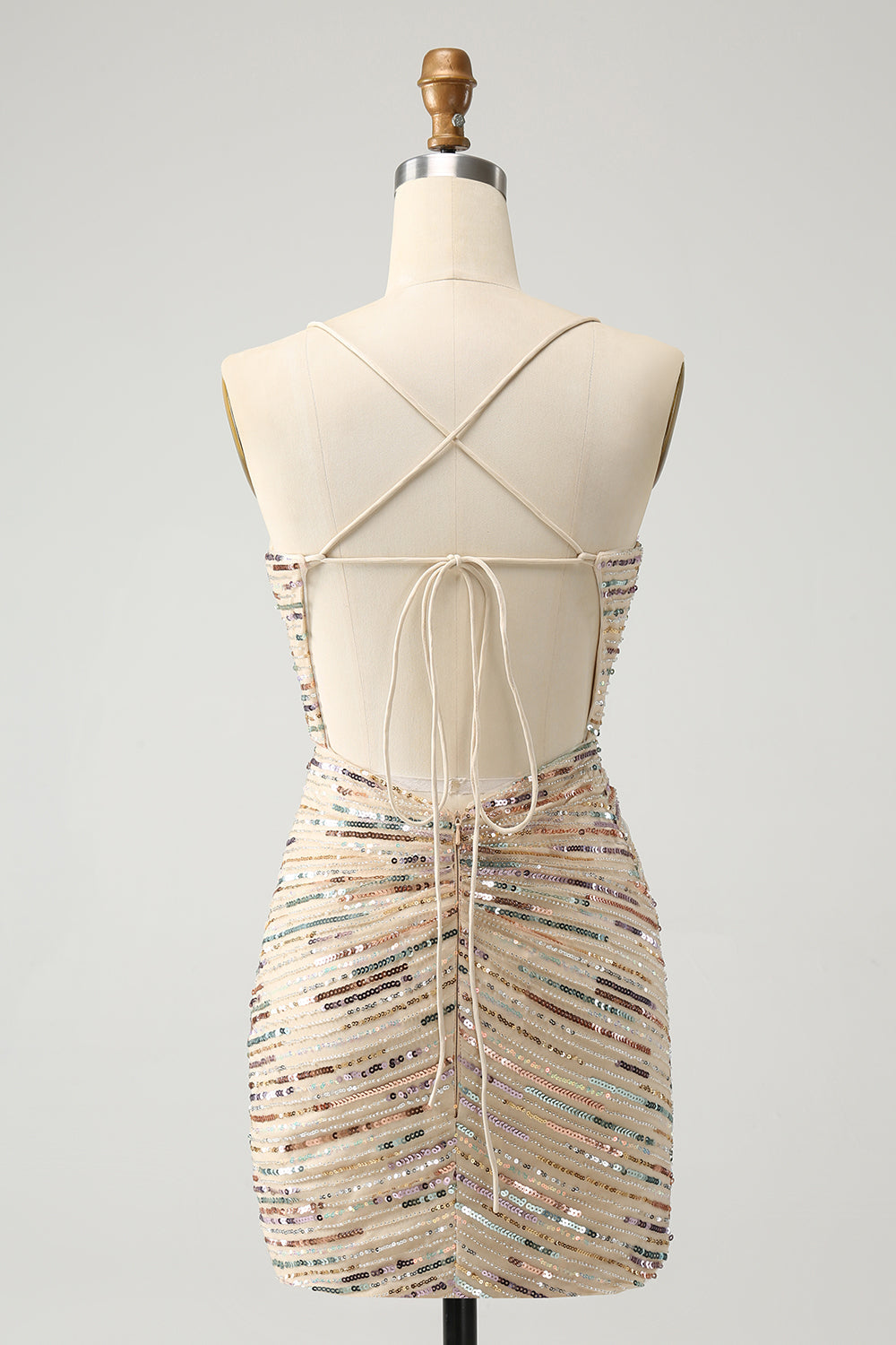 Glitter Champagne Spaghetti Straps Tight Kort Homecoming Klänning med Paljetter