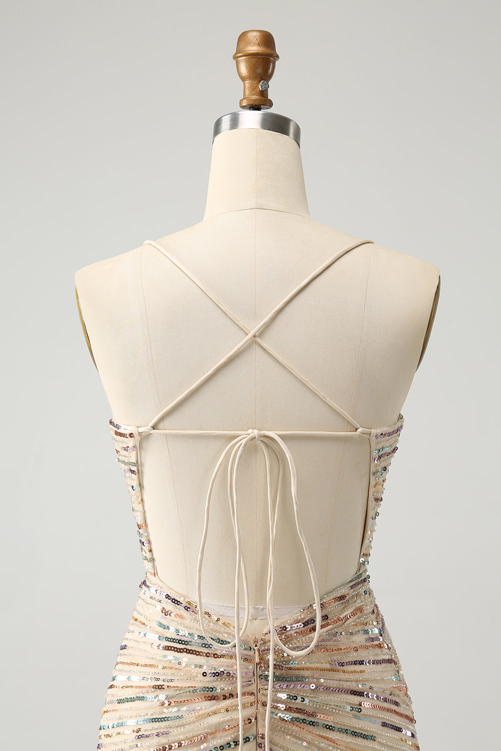 Glitter Champagne Spaghetti Straps Tight Kort Homecoming Klänning med Paljetter