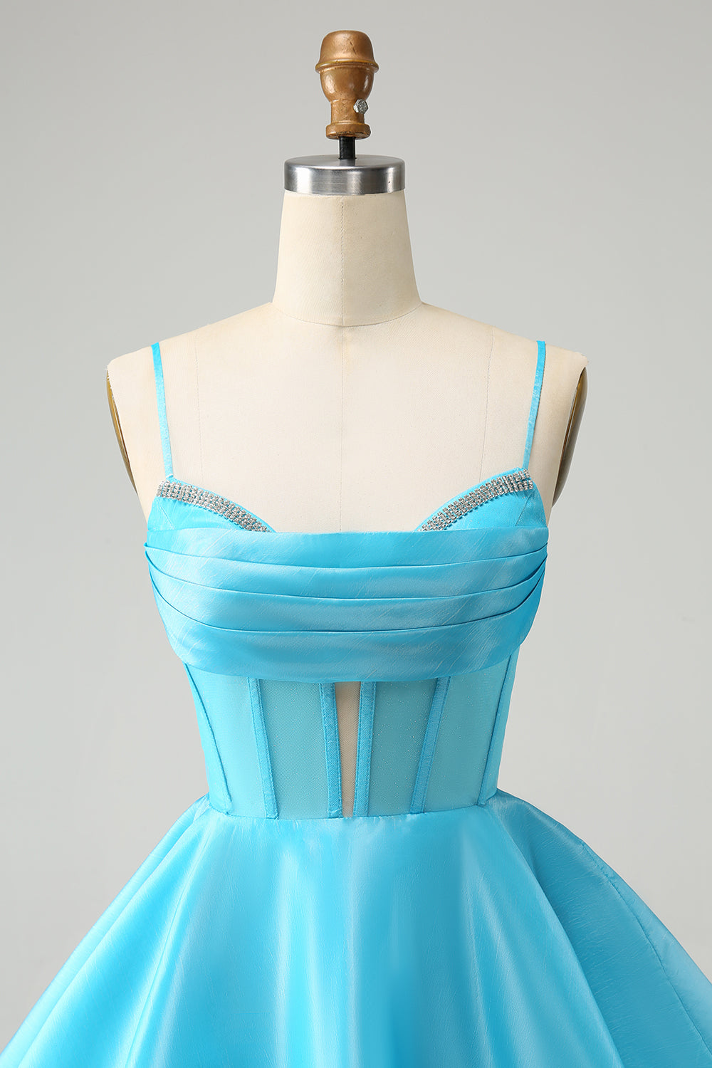 Söt Glitter Blå A Line Spaghetti Straps Korsett Homecoming Klänning Med Beading