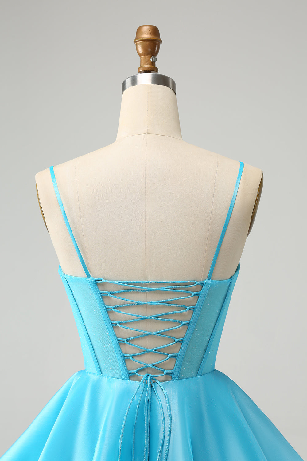 Söt Glitter Blå A Line Spaghetti Straps Korsett Homecoming Klänning Med Beading