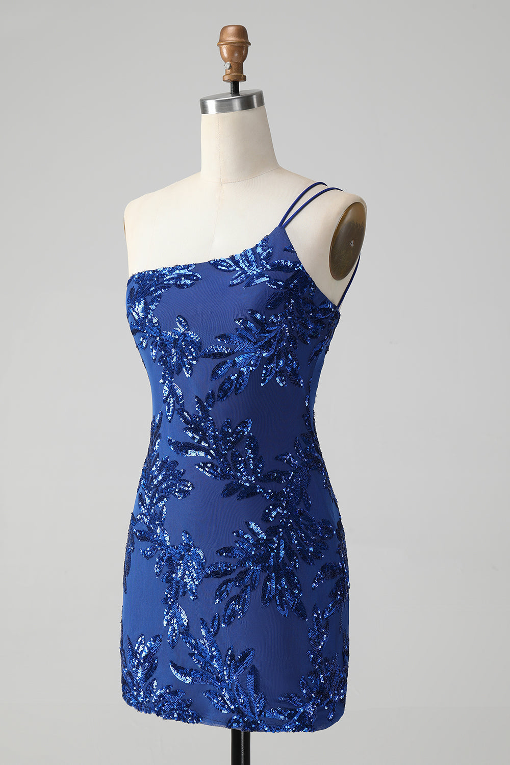 Glittrande Bodycon Royal Blue One Shoulder Paljetter Homecoming Klänning med Broderi