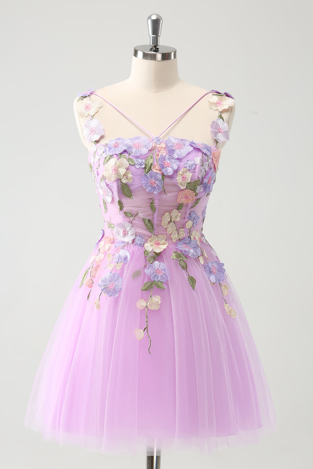 Elegant Lila En linje Halter Blommor Tyll Kort Homecoming Klänning med Snörning Upp Tillbaka
