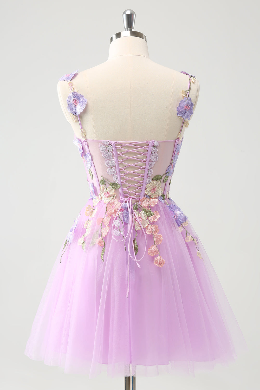 Elegant Lila En linje Halter Blommor Tyll Kort Homecoming Klänning med Snörning Upp Tillbaka