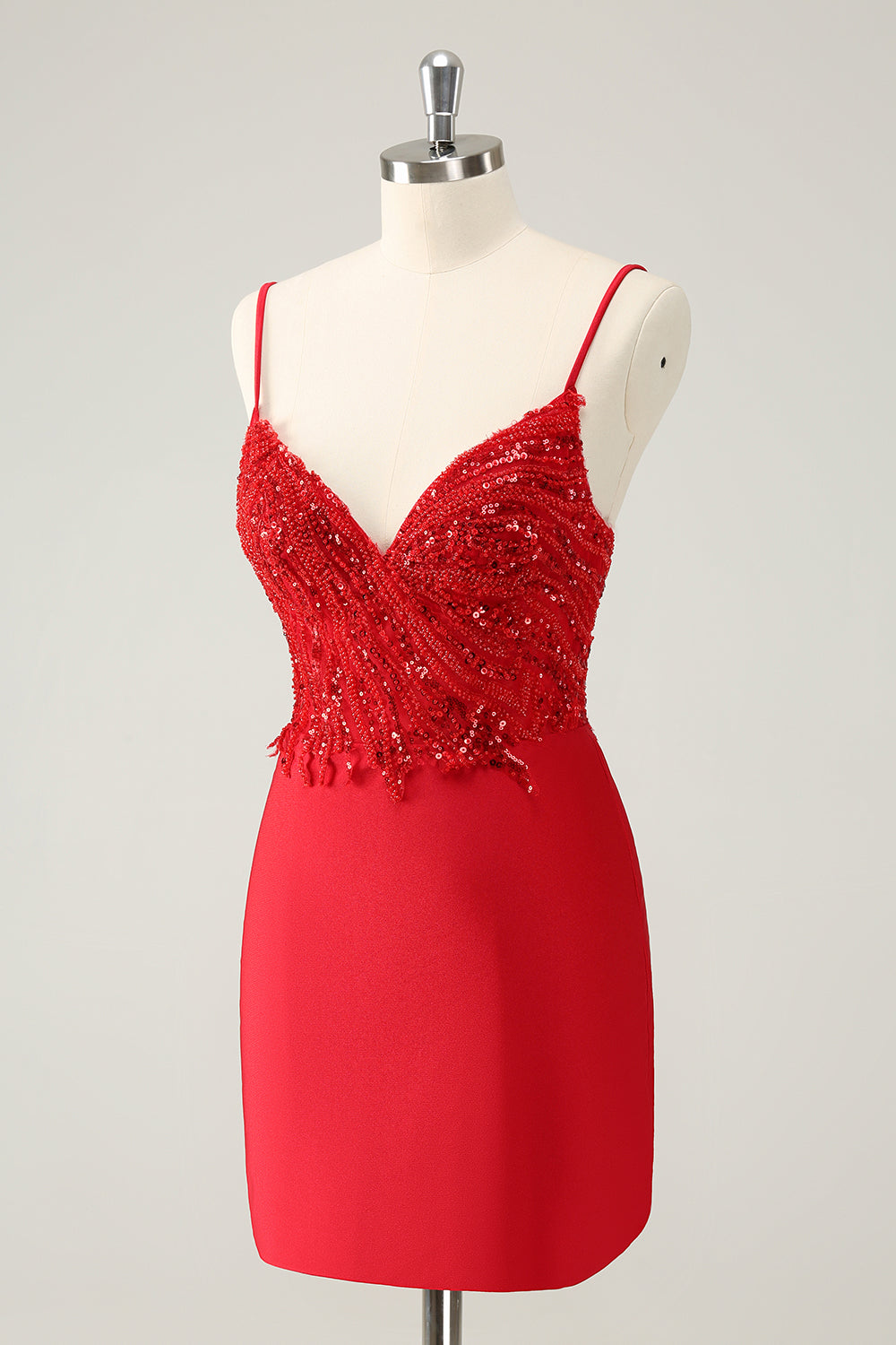 Glittrande Röd Bodycon Spaghetti Straps Homecoming Klänning med Paljetter