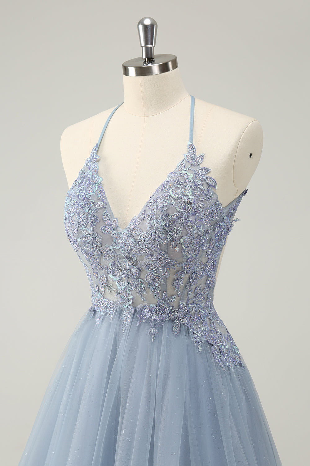 Glittrande Dusty Blue A Line Halter Homecoming Klänning med applikationer