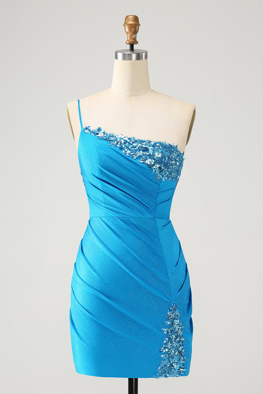 Blå Bodycon One Shoulder Rynkad Satin Homecoming Klänning med Paljetter