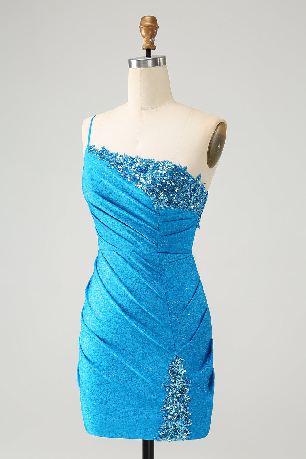 Blå Bodycon One Shoulder Rynkad Satin Homecoming Klänning med Paljetter