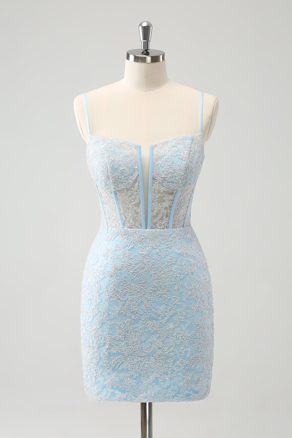 Ljusblå Bodycon Spaghetti Straps Korsett Homceoming Klänning med Paljetter