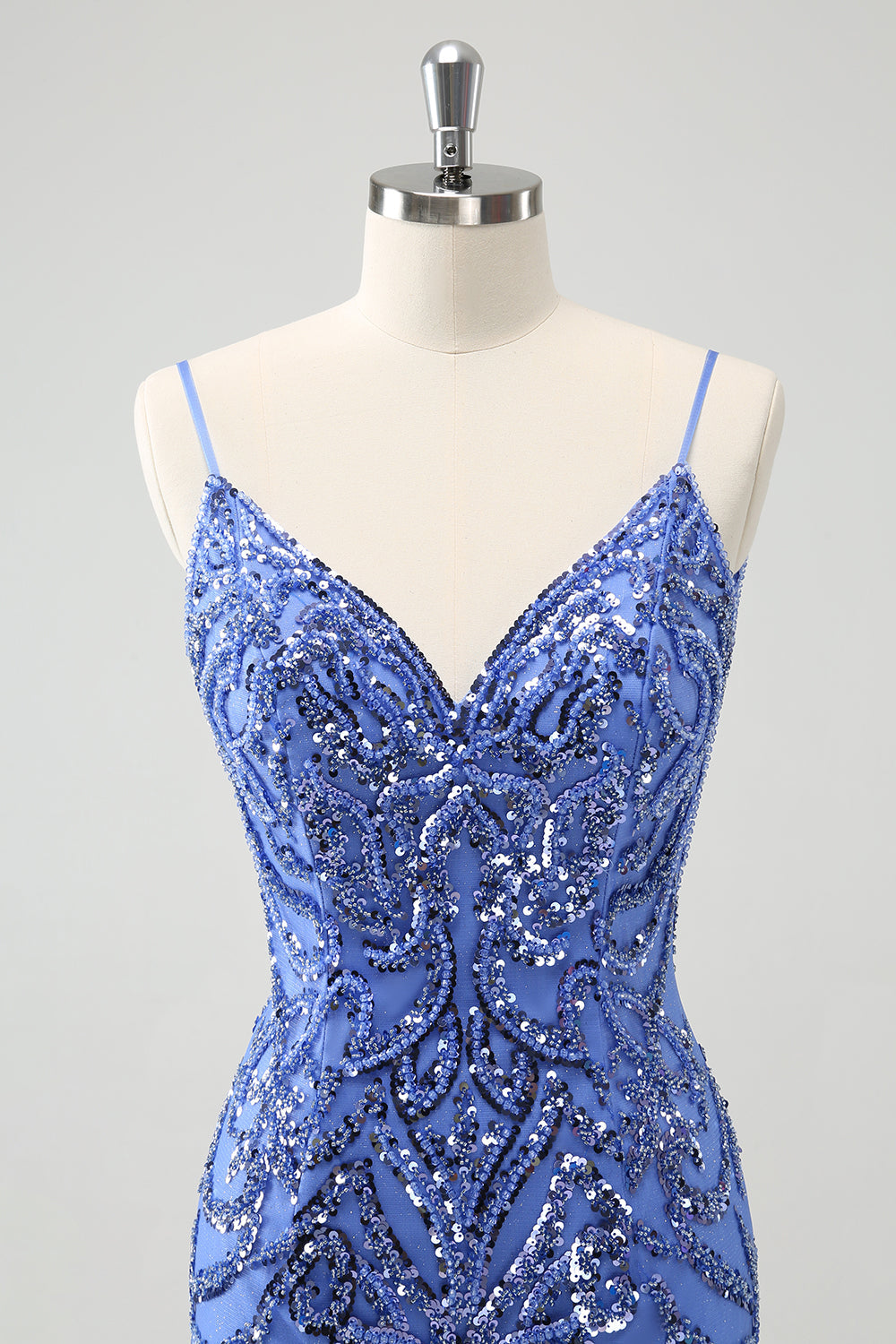 Blå Backless Spaghetti Straps Tight Homecoming Klänning med Paljetter
