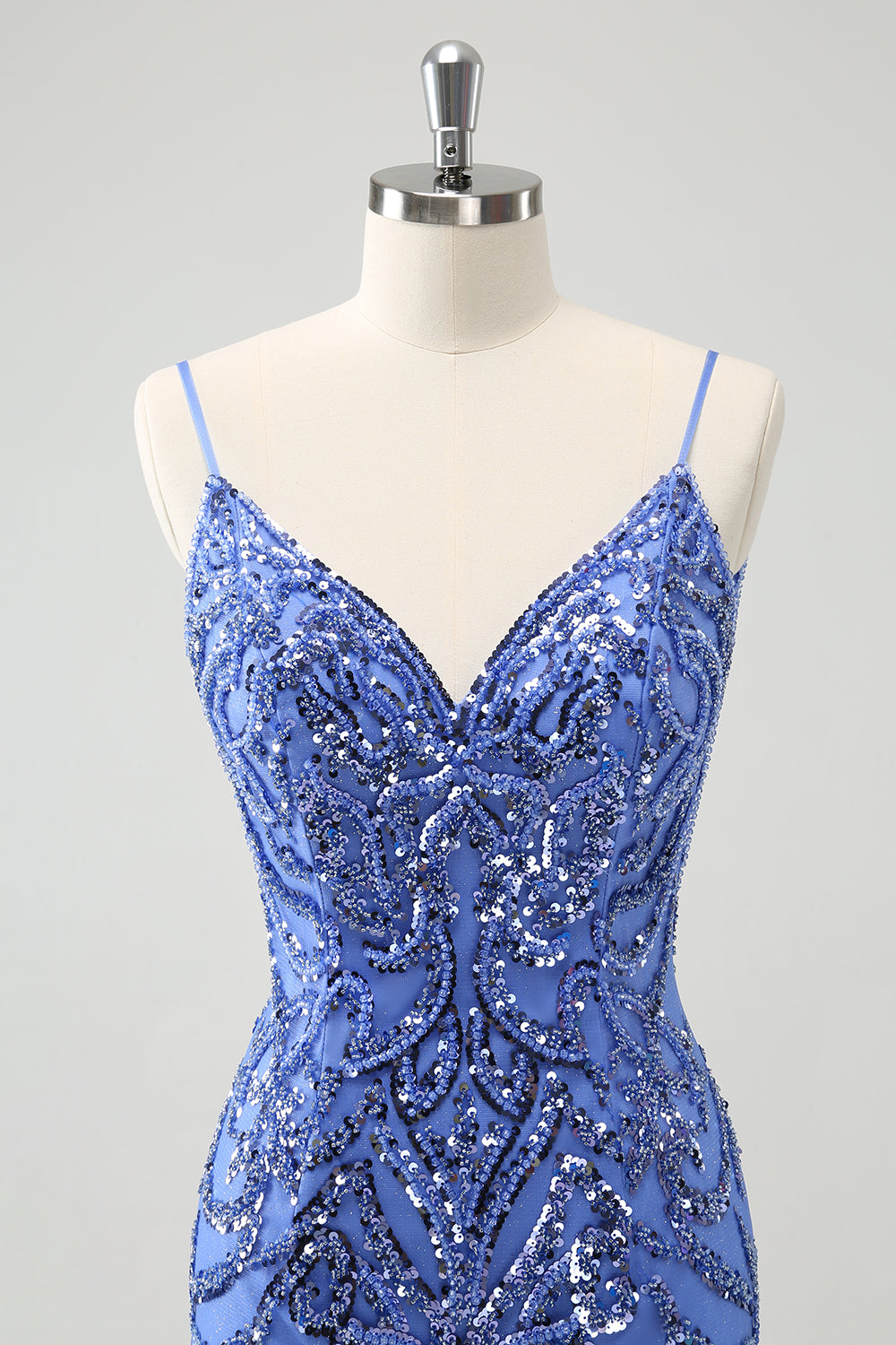 Blå Backless Spaghetti Straps Tight Homecoming Klänning med Paljetter