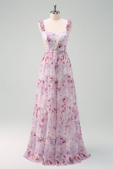 A-linje Grå Lila Spaghetti Remmar Blommig Lång Brudtärna Klänning