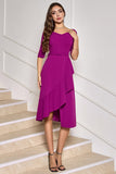 Grape Purple Asymmetrisk Midi Cocktail Klänning med Halva Ärmar