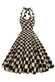 Svart Rutnät Rutig Halter Kort Vintage 1950-talet Klänning