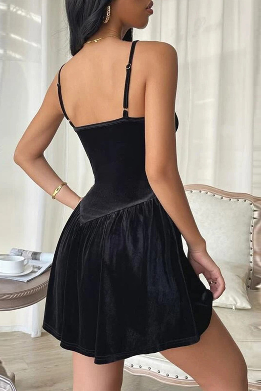 Svart A Line Spaghetti Straps Kort Cocktail Klänning