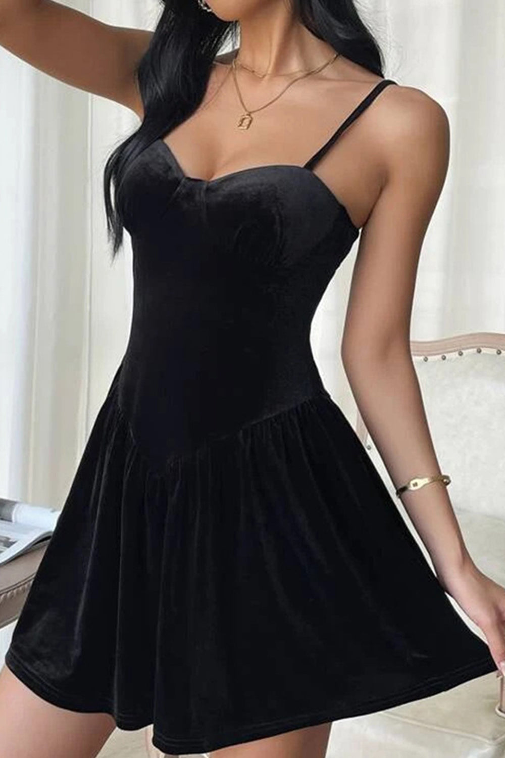 Svart A Line Spaghetti Straps Kort Cocktail Klänning