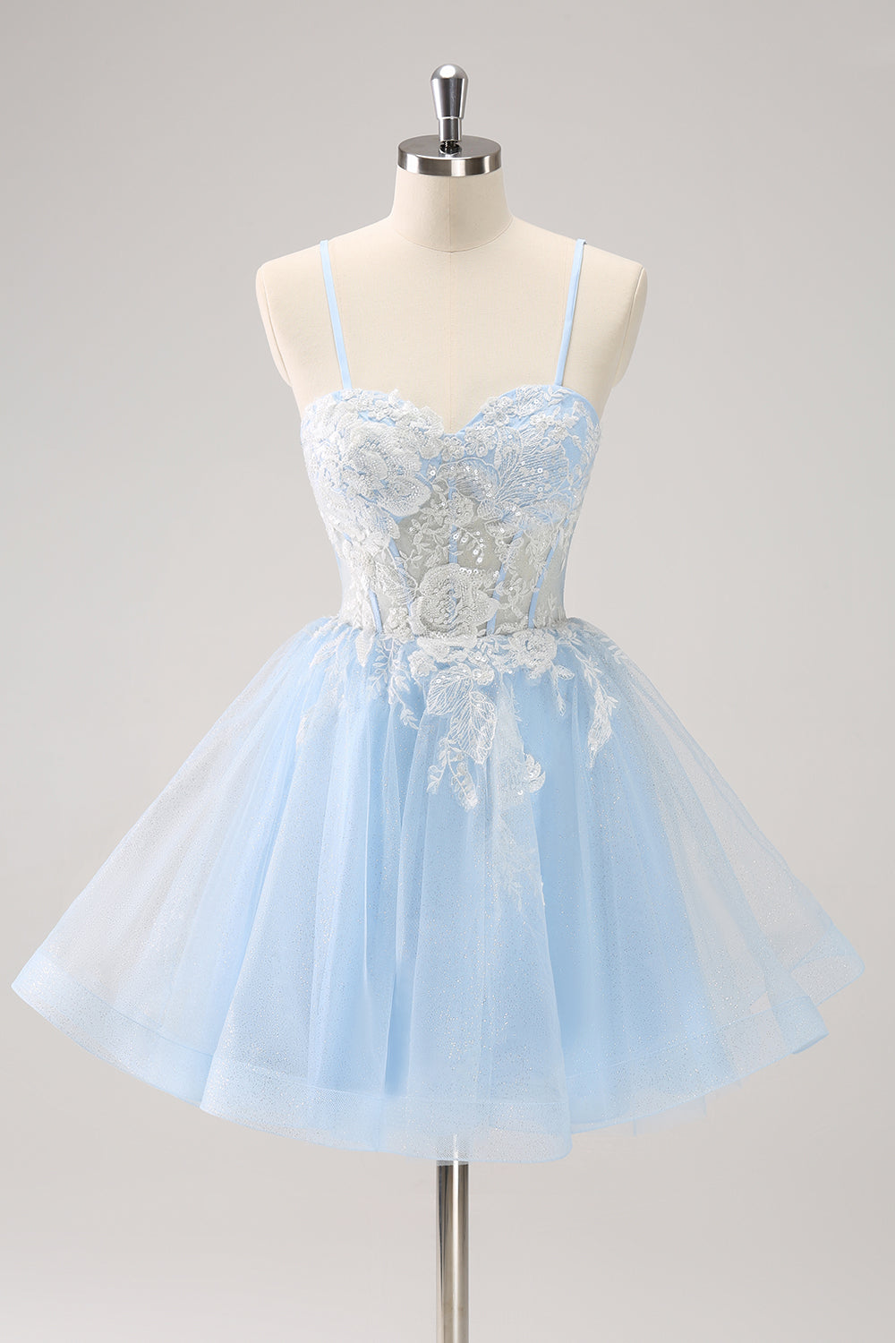 Blå A Line Spaghetti Straps Kort Homecoming Klänning med applikationer