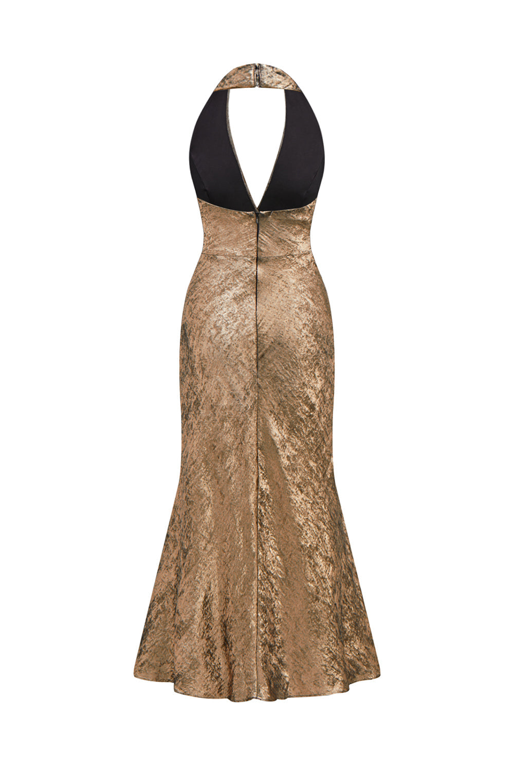 Gyllene Halter Neck Sjöjungfru Satin Midi Cocktail Klänning