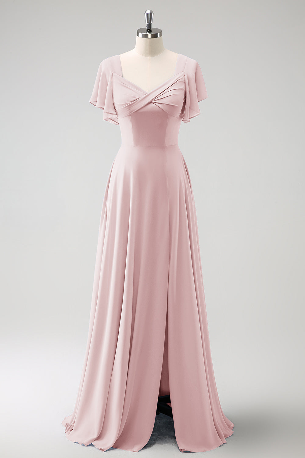 Gråblå A Line Chiffong Lång Brudtärna Klänning Med Slits