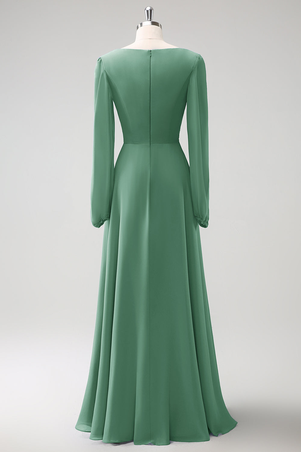 A Line Gråblå V-Nack Chiffong Brudtärneklänning med långa ärmar