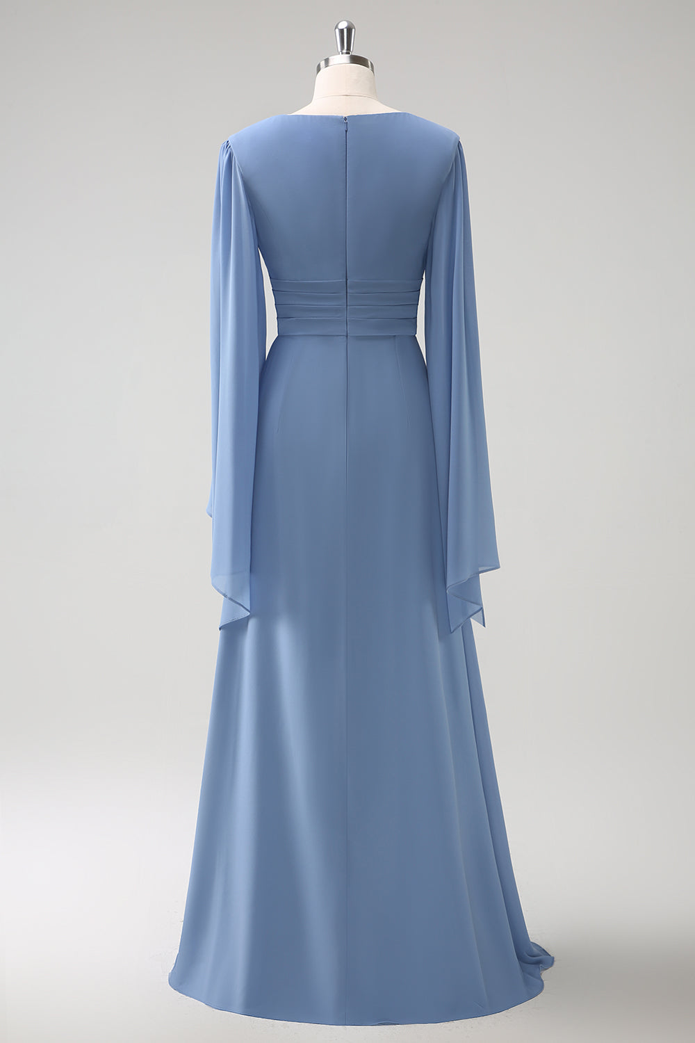 Gråblå En linje Långärmad Chiffong Brudtärna Klänning med slits
