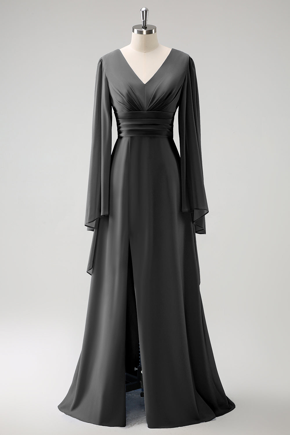 Gråblå En linje Långärmad Chiffong Brudtärna Klänning med slits