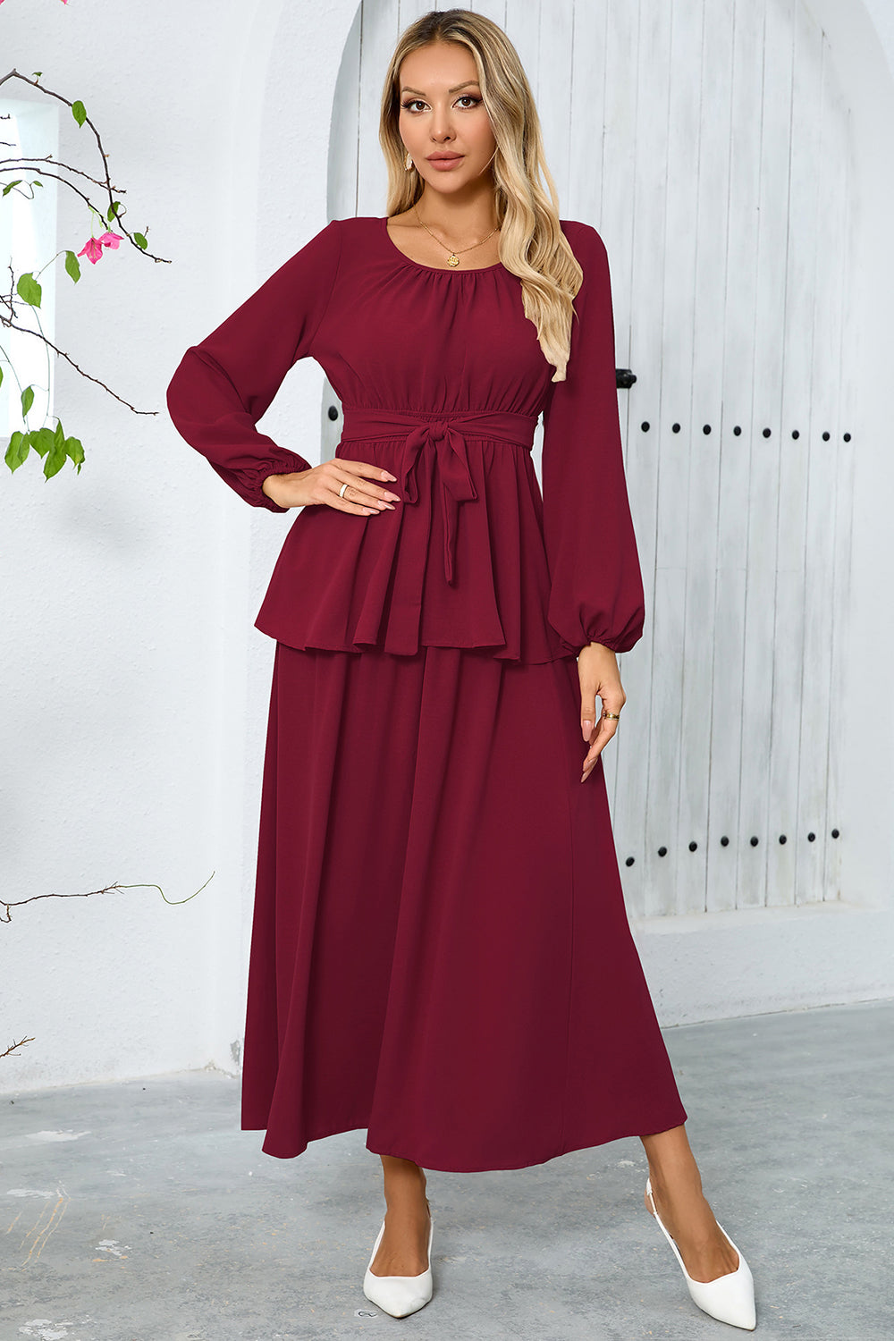 Dusty Rose A-linje Tiered Chiffong Lång Festklänning med Långa ärmar