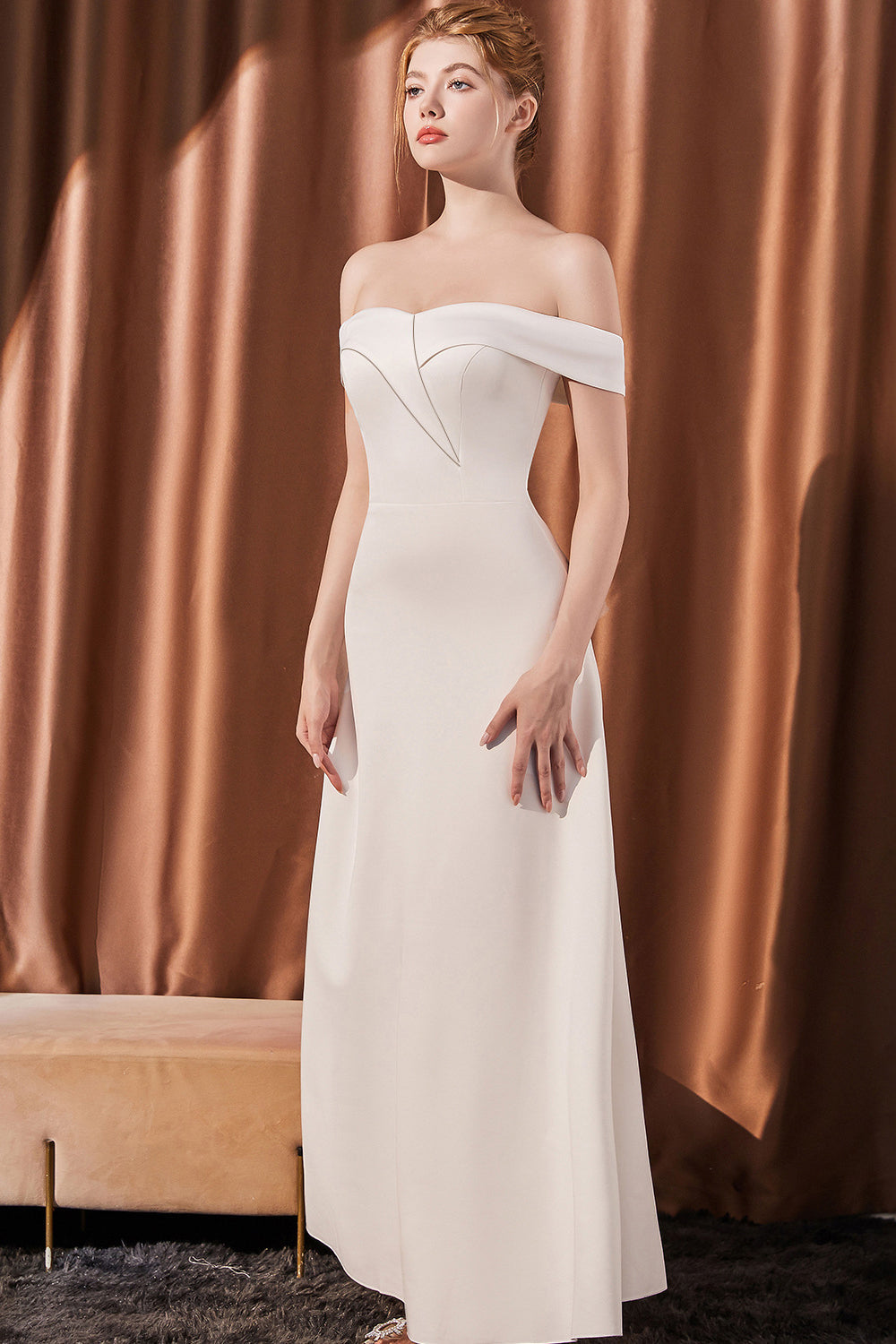 Vit Off The Shoulder Satin Lång Balklänning
