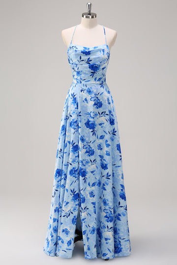 Blå A-linje blommig spaghetti remmar lång brudtärna klänning med slits