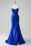 Royal Blue Mermaid Spaghetti Straps veckade Appliqued Prom Klänning