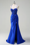 Royal Blue Mermaid Spaghetti Straps veckade Appliqued Prom Klänning