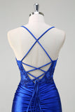 Royal Blue Mermaid Spaghetti Straps veckade Appliqued Prom Klänning
