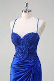Royal Blue Mermaid Spaghetti Straps veckade Appliqued Prom Klänning